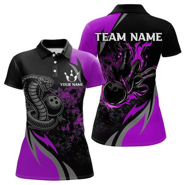 Maxcorners Black And Purple Flame Cobra Snake Bowling Shirts For Men Custom Name Bowling Team League Shirt Lm173