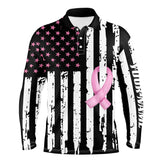 Maxcorners Black white Pink ribbon American Flag Men golf polo shirts custom Breast Cancer awareness golf shirts