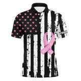 Maxcorners Black white Pink ribbon American Flag Men golf polo shirts custom Breast Cancer awareness golf shirts