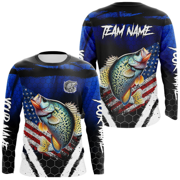 Maxcorners Crappie fishing American Flag Custom patriotic long sleeve team Crappie fishing shirts | Blue  LM1809