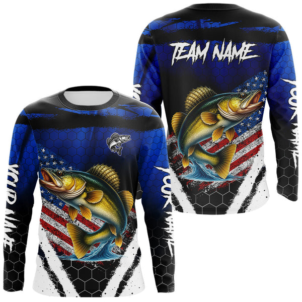 Maxcorners Walleye fishing American Flag Custom patriotic long sleeve team Walleye fishing shirts | Blue LM1809