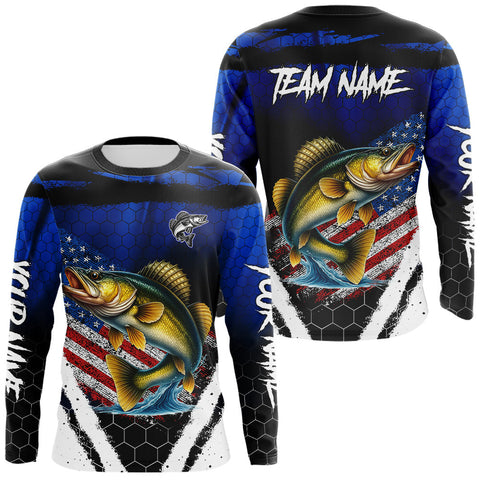 Maxcorners Walleye fishing American Flag Custom patriotic long sleeve team Walleye fishing shirts | Blue LM1809