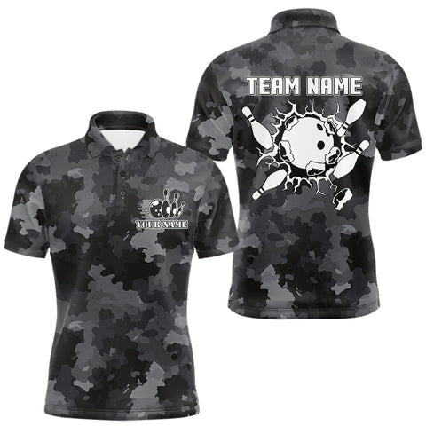 Maxcorners Bowling Polo, Quarter Zip shirts For Men Custom bowling ball and pins black camo Bowling Team Jersey LM1610