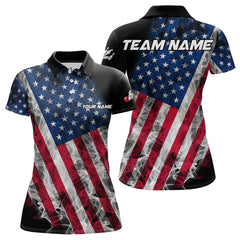 Maxcorners Smoke American Flag Black Bowling Polo, Quarter Zip Shirt For Men And Women Custom Patriotic Team Bowling Jersey