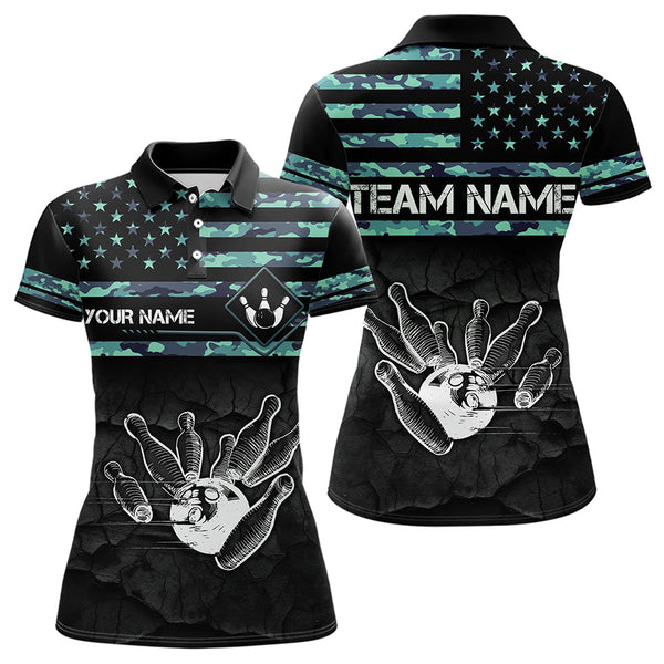 Maxcorners Personalized Turquoise Camo American Flag Custom Bowling Team Shirts For Mens, Bowling League Jersey Lm173