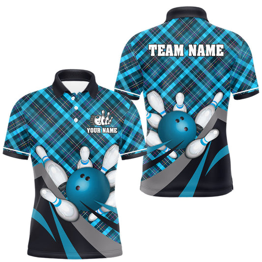 Maxcorners Blue Plaid pattern Bowling shirts For Men Custom Team Bowling Jersey Xmas Gift For Bowlers LM1203