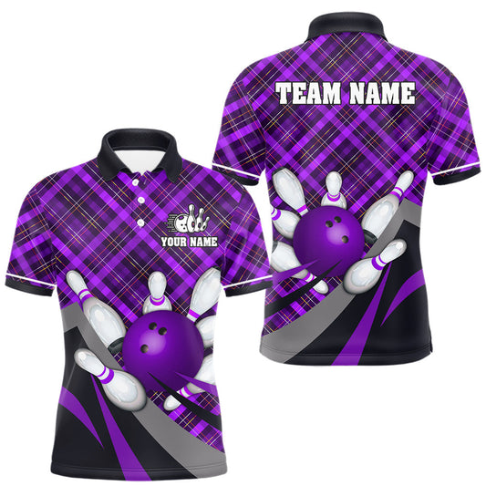 Maxcorners Purple Plaid pattern Bowling shirts For Men Custom Team Bowling Jersey Xmas Gift For Bowlers LM1203