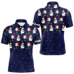 Maxcorners Blue Christmas Plaid pattern snowman Golf Polo Shirts For Men custom Christmas mens golf attire LM1610