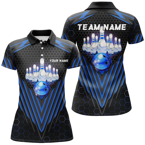 Maxcorners Black and Blue Women Bowling Polo, Quarter zip shirts Custom Team Bowling Jerseys, Bowling uniforms