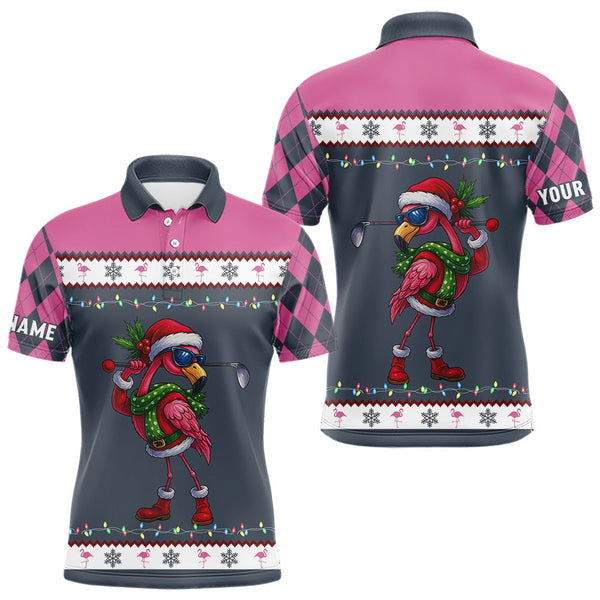 Maxcorners Pink argyle pattern Funny Christmas Flamingo Mens golf polo shirt custom golf attire for men MT1511