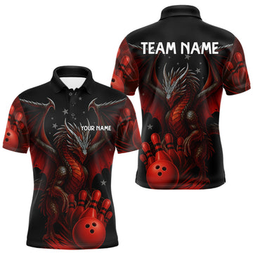 Maxcorners Black And Red Dragon Bowling Shirts For Men Custom Name Team Bowling League Jersey, Bowling Gifts LM0404
