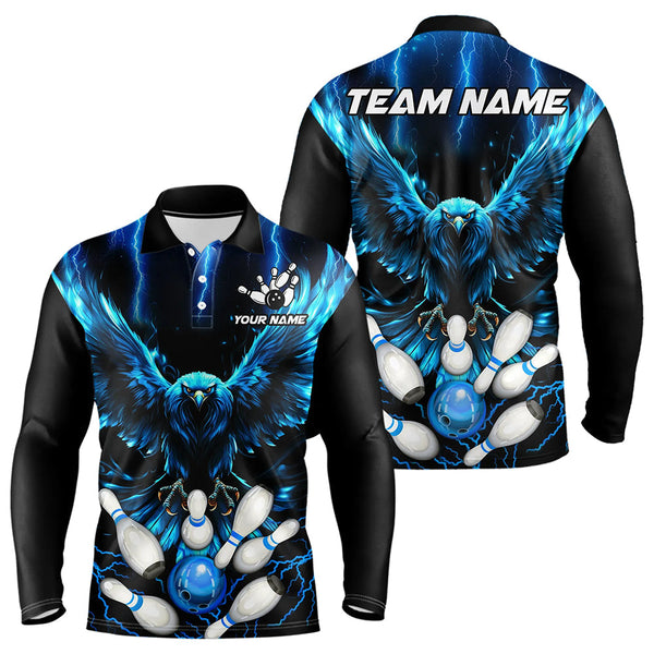 Maxcorners Custom Blue Lightning Thunder Eagle Men Bowling Polo, Quarter Zip Shirts Bowling Team Jerseys Outfits