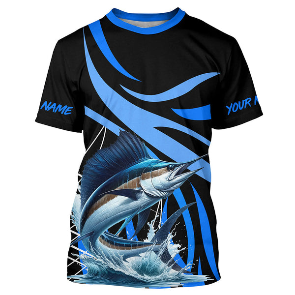 Maxcorners Personalized Sailfish Long Sleeve Fishing Shirts, Sailfish Tournament Fishing Jerseys | Blue MT2108