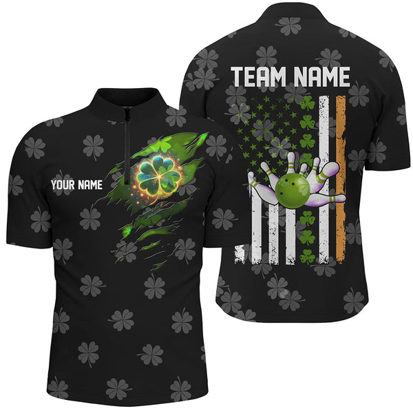 Maxcorners Bowling And Pins Black Camo Clovers American Flag St Patrick Day Customized Name, Team Name 3D Polo Shirt