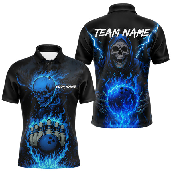 Maxcorners Blue Flame Lightning Thunder Skull Reaper Bowling Shirts for Men Custom Bowling Team League Jersey MT1810