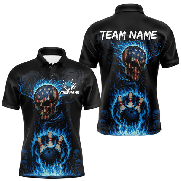Maxcorners Custom Black and Blue Flame American Flag Skull Bowling Shirts for Men, Bowling Team League Jersey MT1810