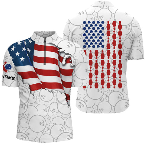 MaxCorners Bowling Ball And Pins American Flag 2 Customized Name, Team Name 3D Stand Collar Zipper Polo Shirt