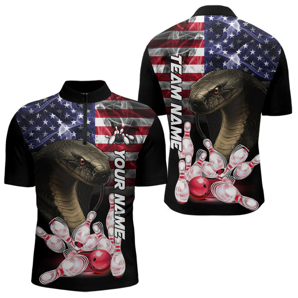 Maxcorners Smoke American Flag Cobra Snake Bowling Shirts for Men Custom patriotic Team Bowling jerseys LM2007