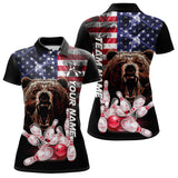Maxcorners American Flag Bear Bowling Polo, Quarter Zip Shirts for Men Custom patriotic Team Bowling jerseys LM2007