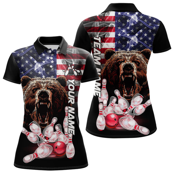 Maxcorners American Flag Bear Bowling Polo, Quarter Zip Shirts for Men Custom patriotic Team Bowling jerseys LM2007
