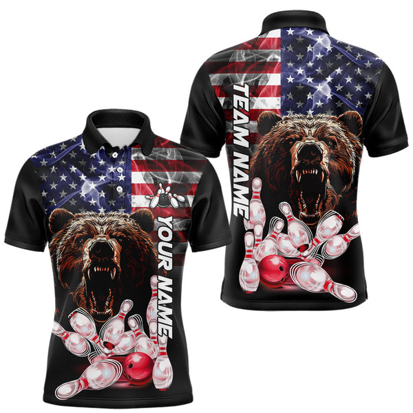 Maxcorners American Flag Bear Bowling Polo, Quarter Zip Shirts for Men Custom patriotic Team Bowling jerseys LM2007