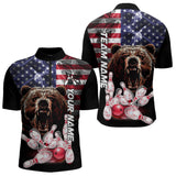 Maxcorners American Flag Bear Bowling Polo, Quarter Zip Shirts for Men Custom patriotic Team Bowling jerseys LM2007