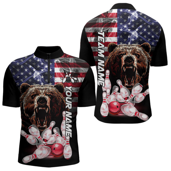 Maxcorners American Flag Bear Bowling Polo, Quarter Zip Shirts for Men Custom patriotic Team Bowling jerseys LM2007