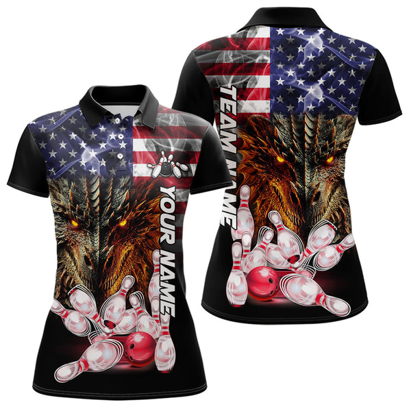 Maxcorners American Flag Dragon Bowling Polo, Quarter Zip Shirts for Men Custom patriotic Team Bowling jersey LM2007