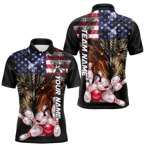 Maxcorners American Flag Dragon Bowling Polo, Quarter Zip Shirts for Men Custom patriotic Team Bowling jersey LM2007