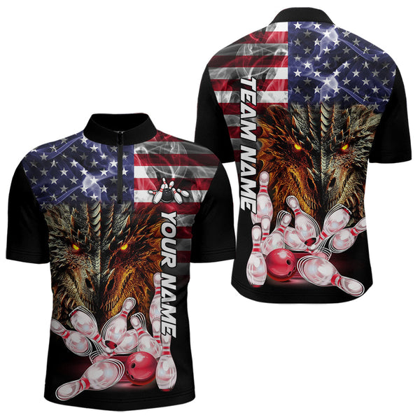 Maxcorners American Flag Dragon Bowling Polo, Quarter Zip Shirts for Men Custom patriotic Team Bowling jersey LM2007