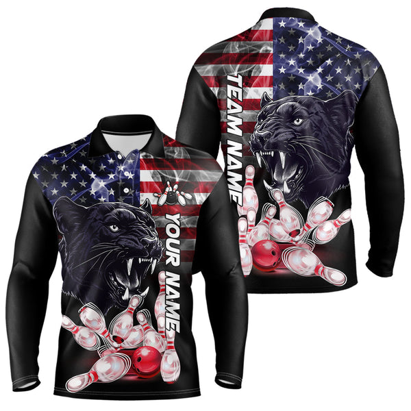 Maxcorners American Flag Panther Bowling Polo, Quarter Zip Shirts for Men Custom patriotic Team Bowling jerseys LM2007