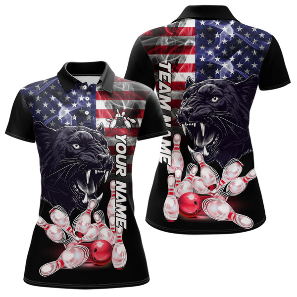 Maxcorners American Flag Panther Bowling Polo, Quarter Zip Shirts for Men Custom patriotic Team Bowling jerseys LM2007