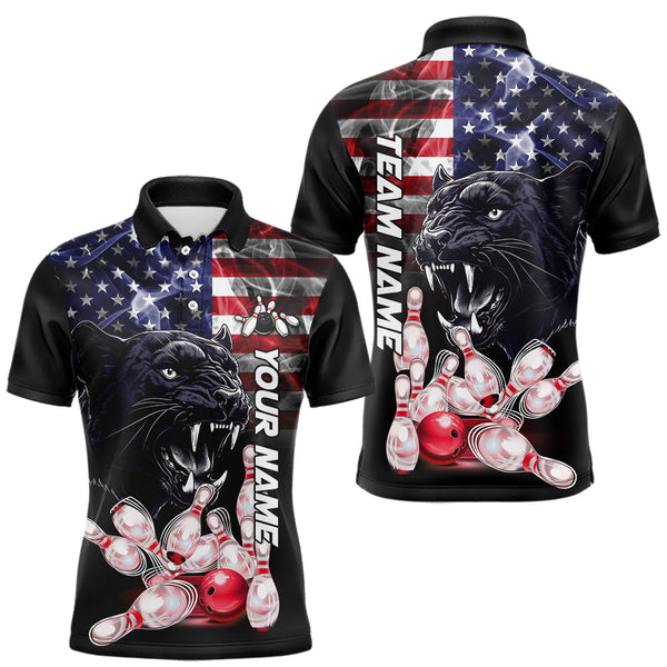 Maxcorners American Flag Panther Bowling Polo, Quarter Zip Shirts for Men Custom patriotic Team Bowling jerseys LM2007