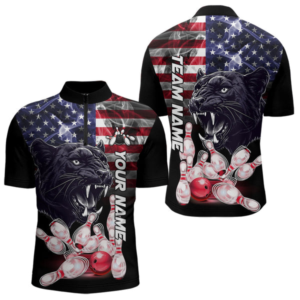 Maxcorners American Flag Panther Bowling Polo, Quarter Zip Shirts for Men Custom patriotic Team Bowling jerseys LM2007