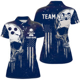 Maxcorners Personalized Blue And White Grunge American Flag Skull Bowling Team Shirts, Patriotic Bowling Jerseys