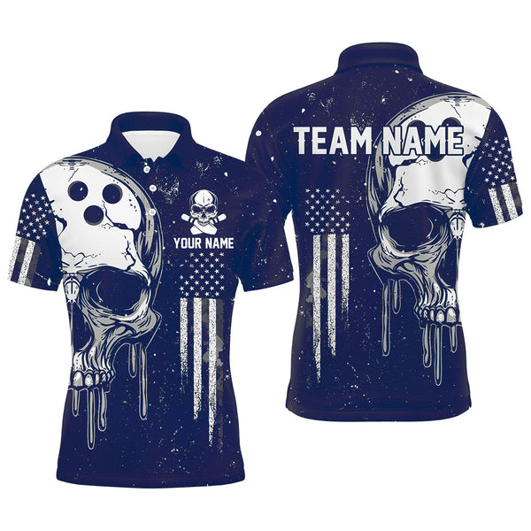 Maxcorners Personalized Blue And White Grunge American Flag Skull Bowling Team Shirts, Patriotic Bowling Jerseys