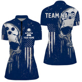 Maxcorners Personalized Blue And White Grunge American Flag Skull Bowling Team Shirts, Patriotic Bowling Jerseys