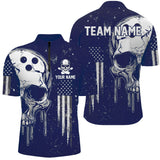 Maxcorners Personalized Blue And White Grunge American Flag Skull Bowling Team Shirts, Patriotic Bowling Jerseys