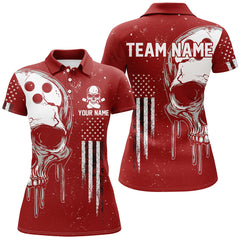 Maxcorners Personalized Red And White Grunge American Flag Skull Bowling Team Shirts, Patriotic Bowling Jerseys