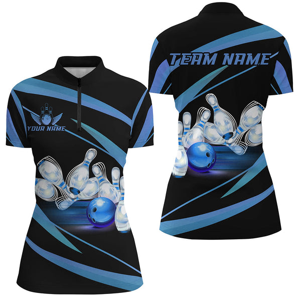 Maxcorners Personalized Black And Blue Bowling Shirts For Men, Custom Team Bowling League Jerseys