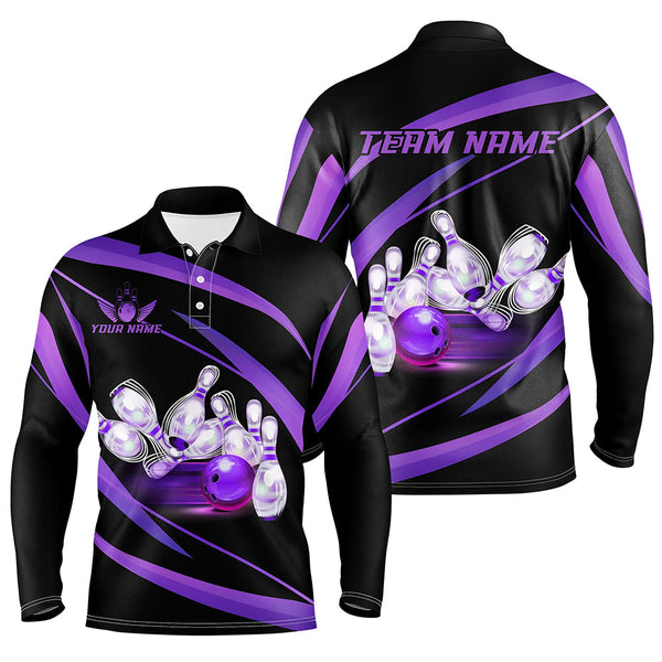 Maxcorners Personalized Black And Purple Bowling Shirts For Men, Custom Team Bowling League Jerseys