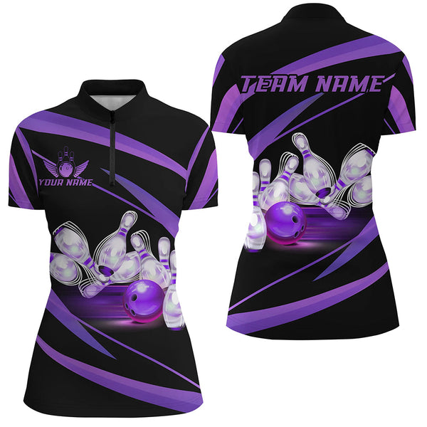 Maxcorners Personalized Black And Purple Bowling Shirts For Men, Custom Team Bowling League Jerseys