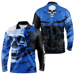 Maxcorners Black And Blue Skull Golf Custom Men Golf Polo Shirts, Personalized Golf Tournament Jerseys For Team