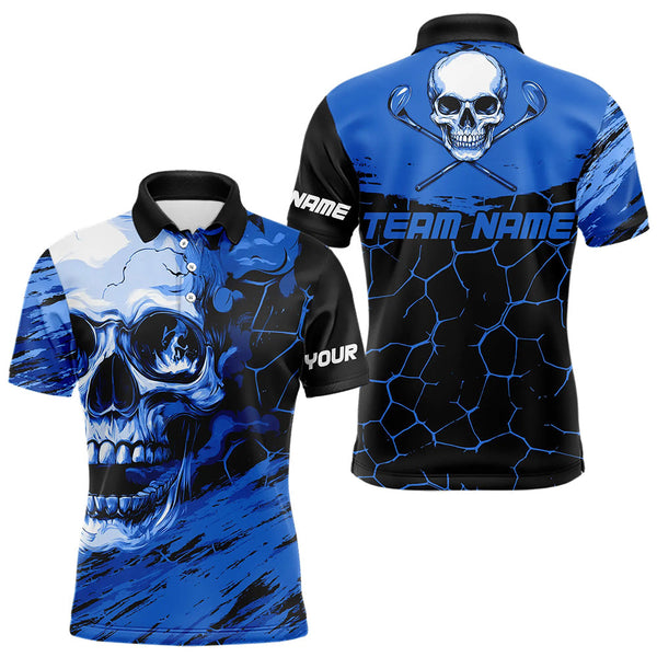 Maxcorners Black And Blue Skull Golf Custom Men Golf Polo Shirts, Personalized Golf Tournament Jerseys For Team