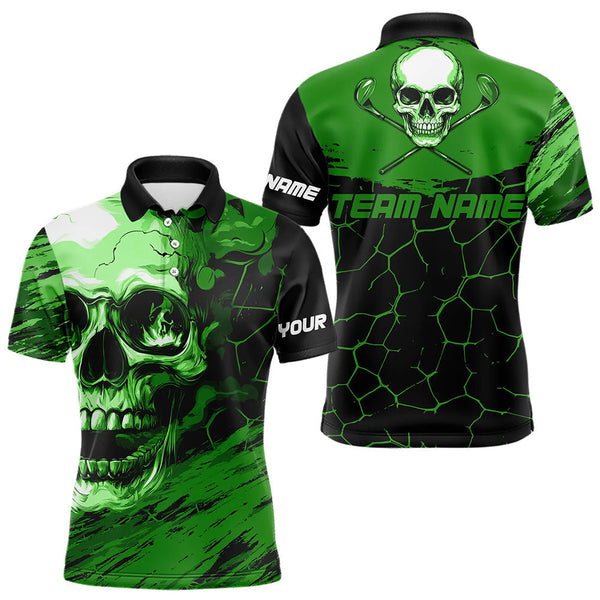 Maxcorners Black And Green Skull Golf Custom Men Golf Polo Shirts, Personalized Golf Tournament Jerseys For Team