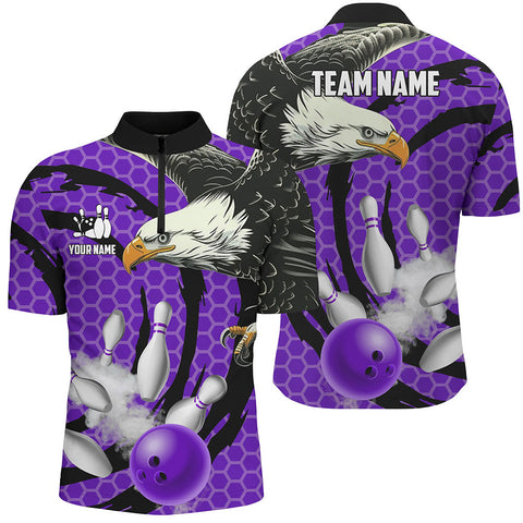 MaxCorners Bowling And Pins Eagle Purple Camo Customized Name, Team Name 3D Stand Collar Zipper Polo Shirt For Men