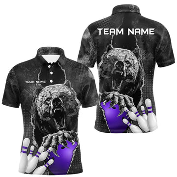 Maxcorners Purple and Black Bear grunge Custom Men Bowling Polo, Quarter Zip Shirts Bowling Team Jerseys