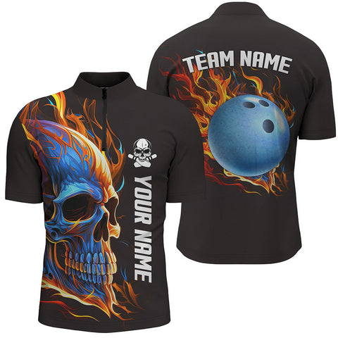 MaxCorners Bowling Ball And Pins Skull On Fire Customized Name, Team Name 3D Stand Collar Zipper Polo Shirt