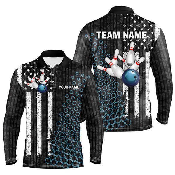 Maxcorners Black white American flag bowling Polo, Quarter Zip shirts Custom camo Bowling Team Jerseys