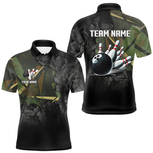 Maxcorners Green Camo Black Bowling Polo, Quarter Zip Shirts for Men Custom Team Bowling Jersey LM2110